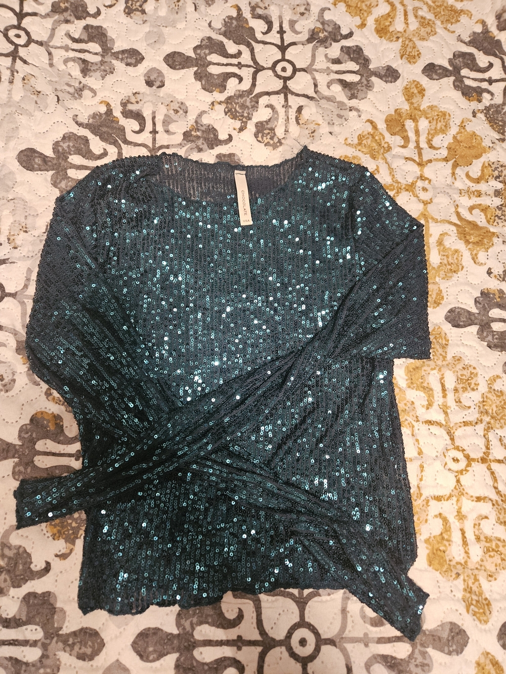 Chocolate Teal Sequin Short Sleeve Top